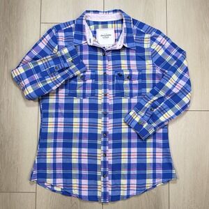 Abercrombie & Fitch Womens‎ M Plaid Button Down Shirt Blue Pink Cotton Stretch